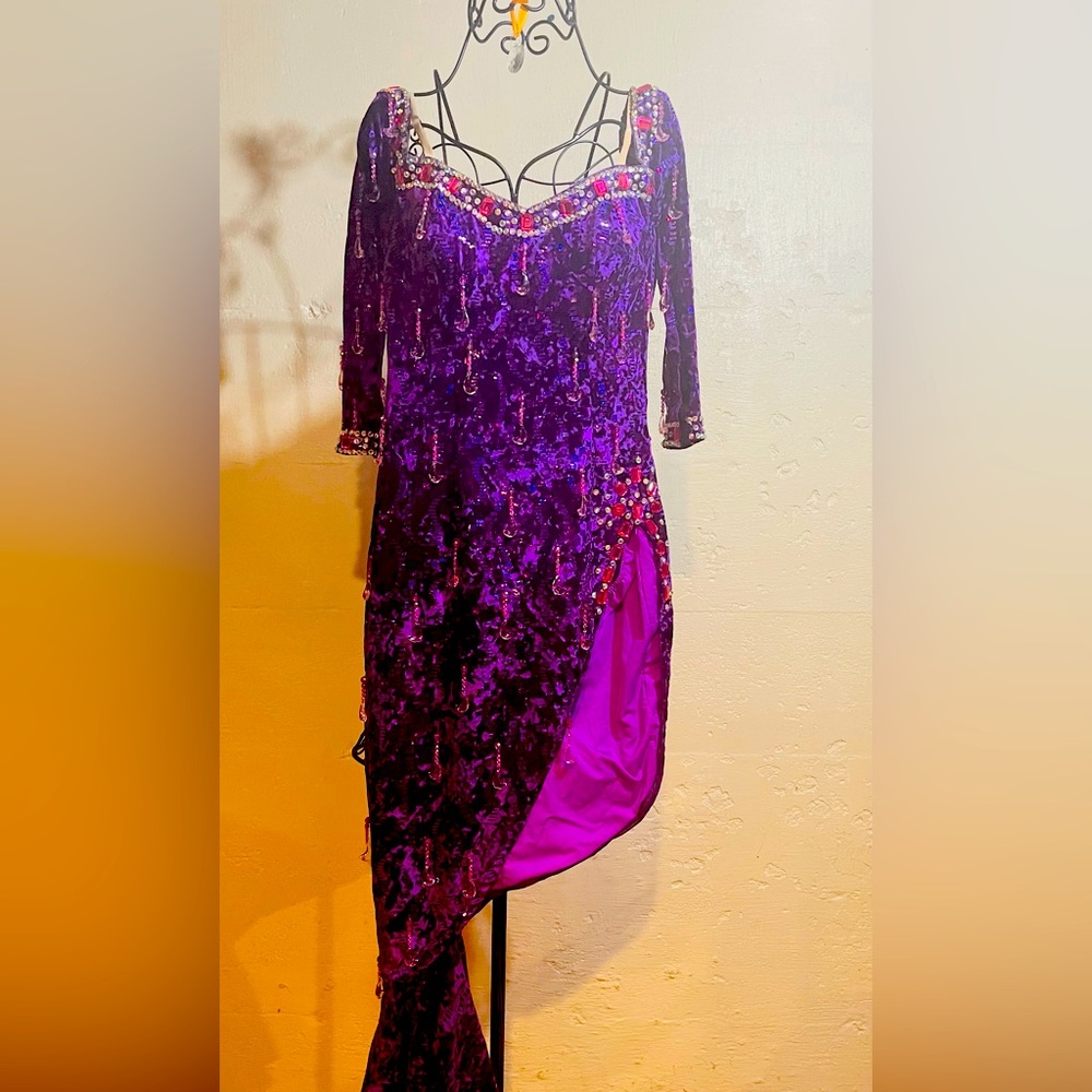 Handmade purple beaded ballroom slit dress.